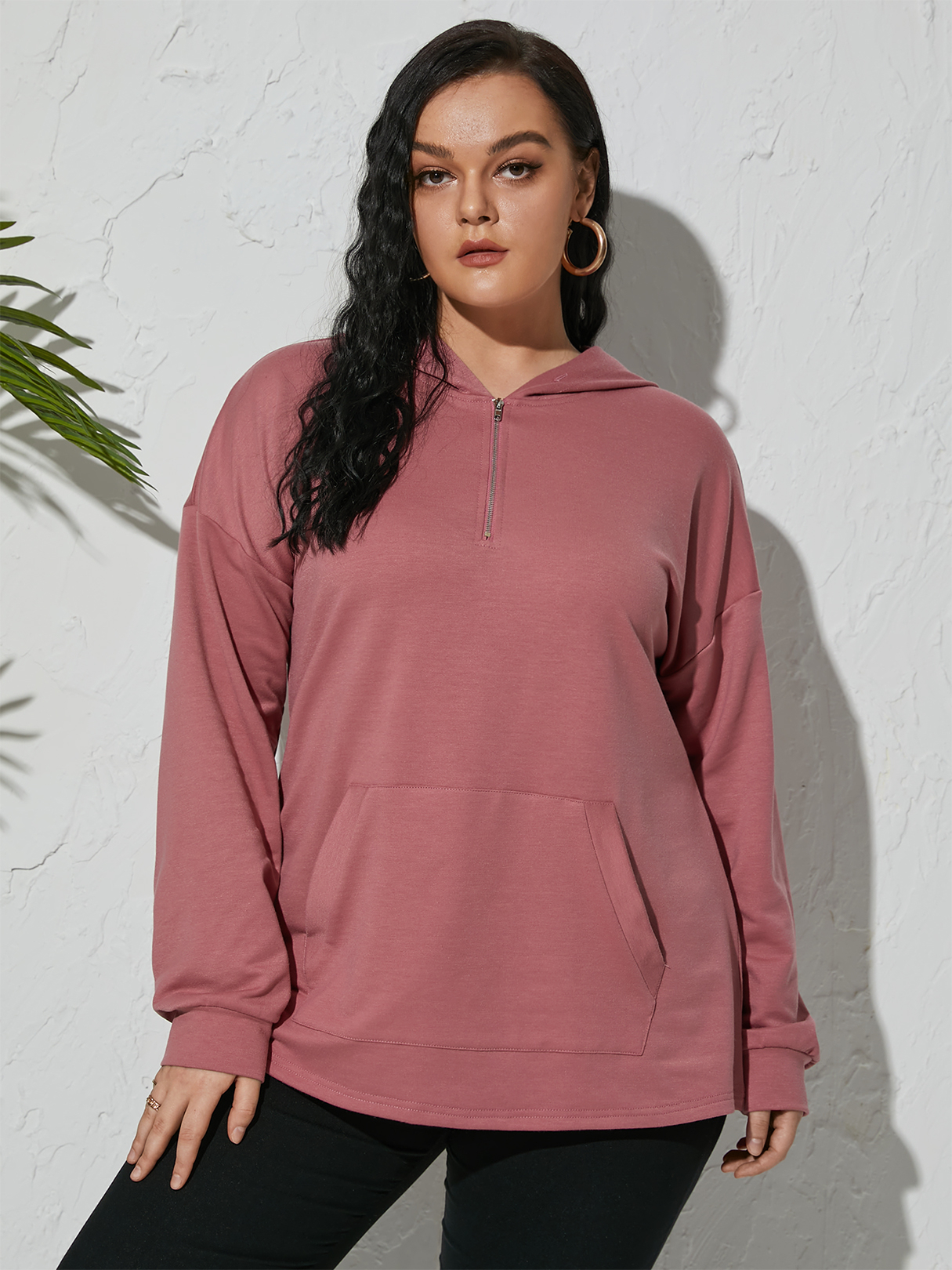YOINS Plus Size Pullover Hooded Design Zip Front Pocket Sweatshirt