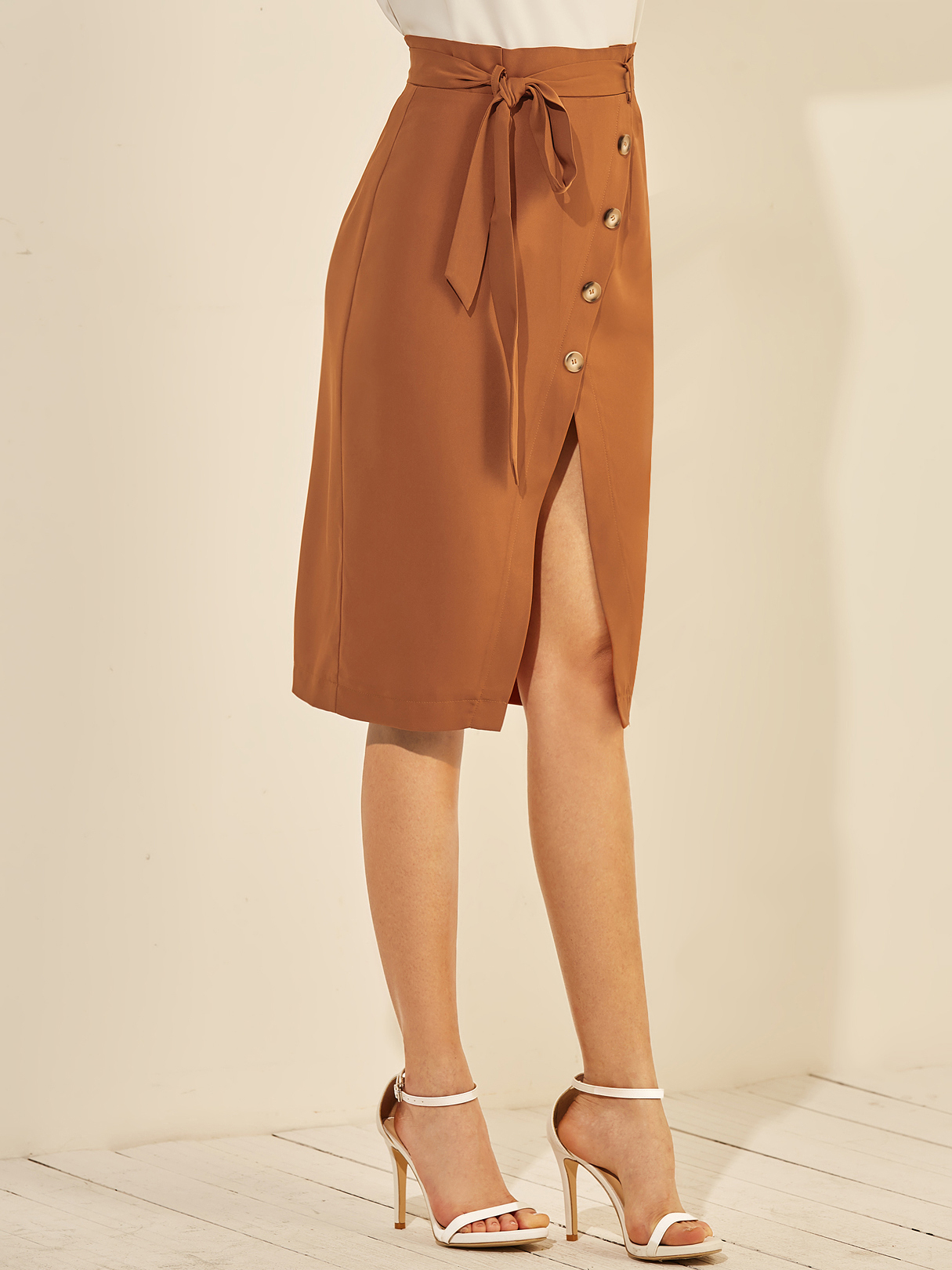 YOINS Brown Button Design Slit Hem Midi Skirt