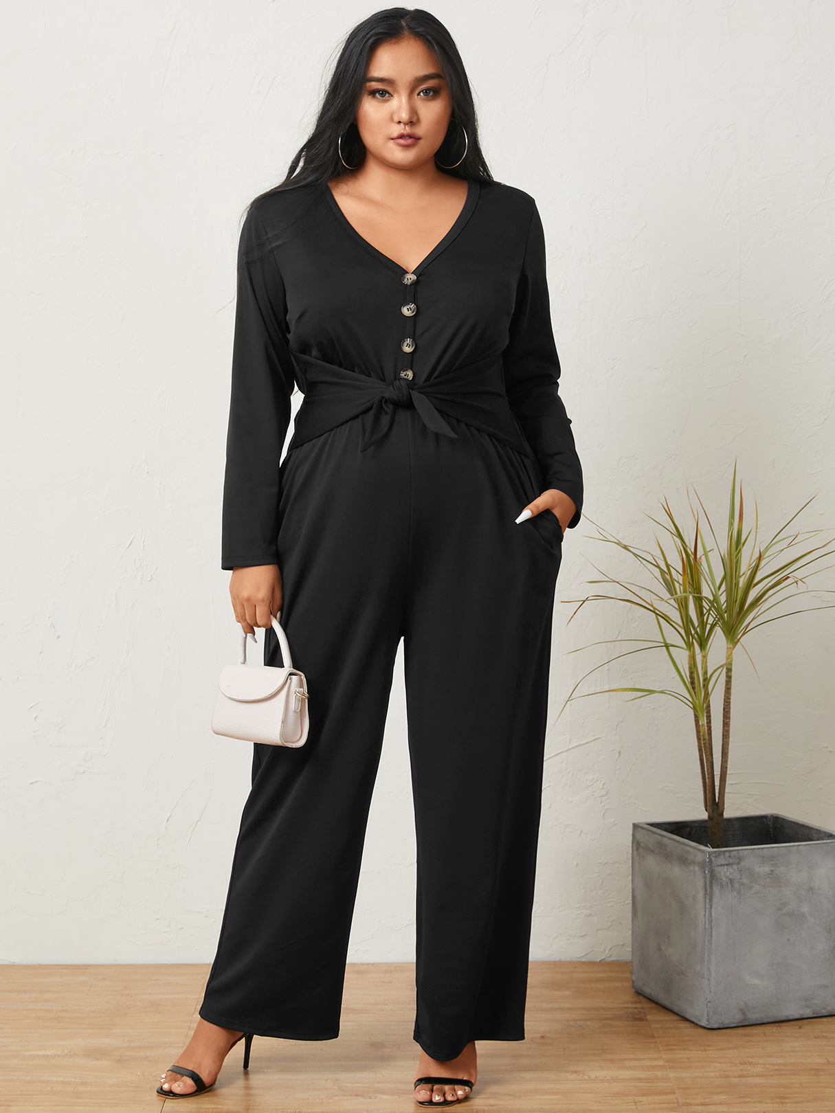 YOINS Plus Size V-neck Side Pockets Tie-up Design Long Sleeves Jumpsuit