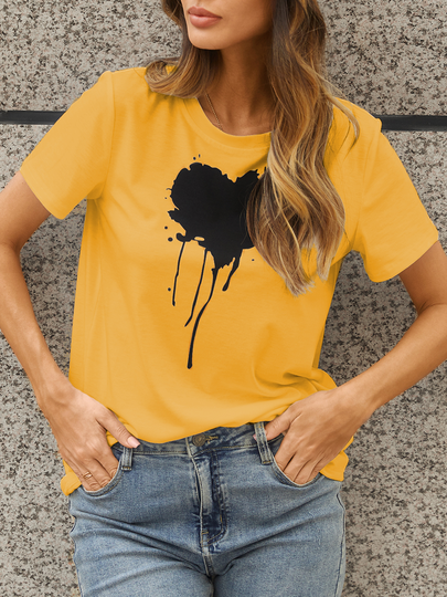 YOINS Heart Print Crew Neck Short Sleeves Tee