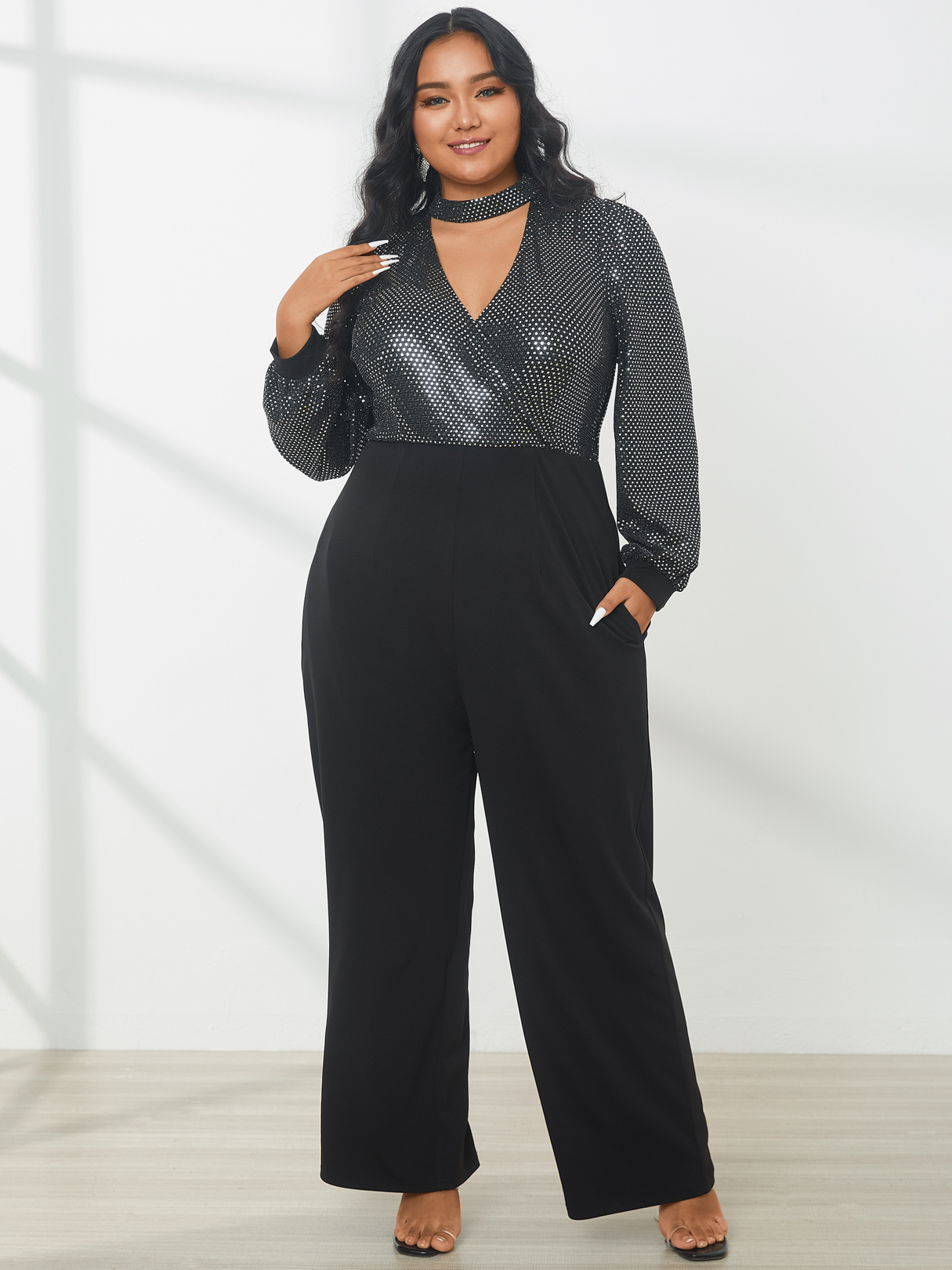 YOINS Plus Size V-neck Patchwork Wrap Design Long Sleeves Jumpsuit