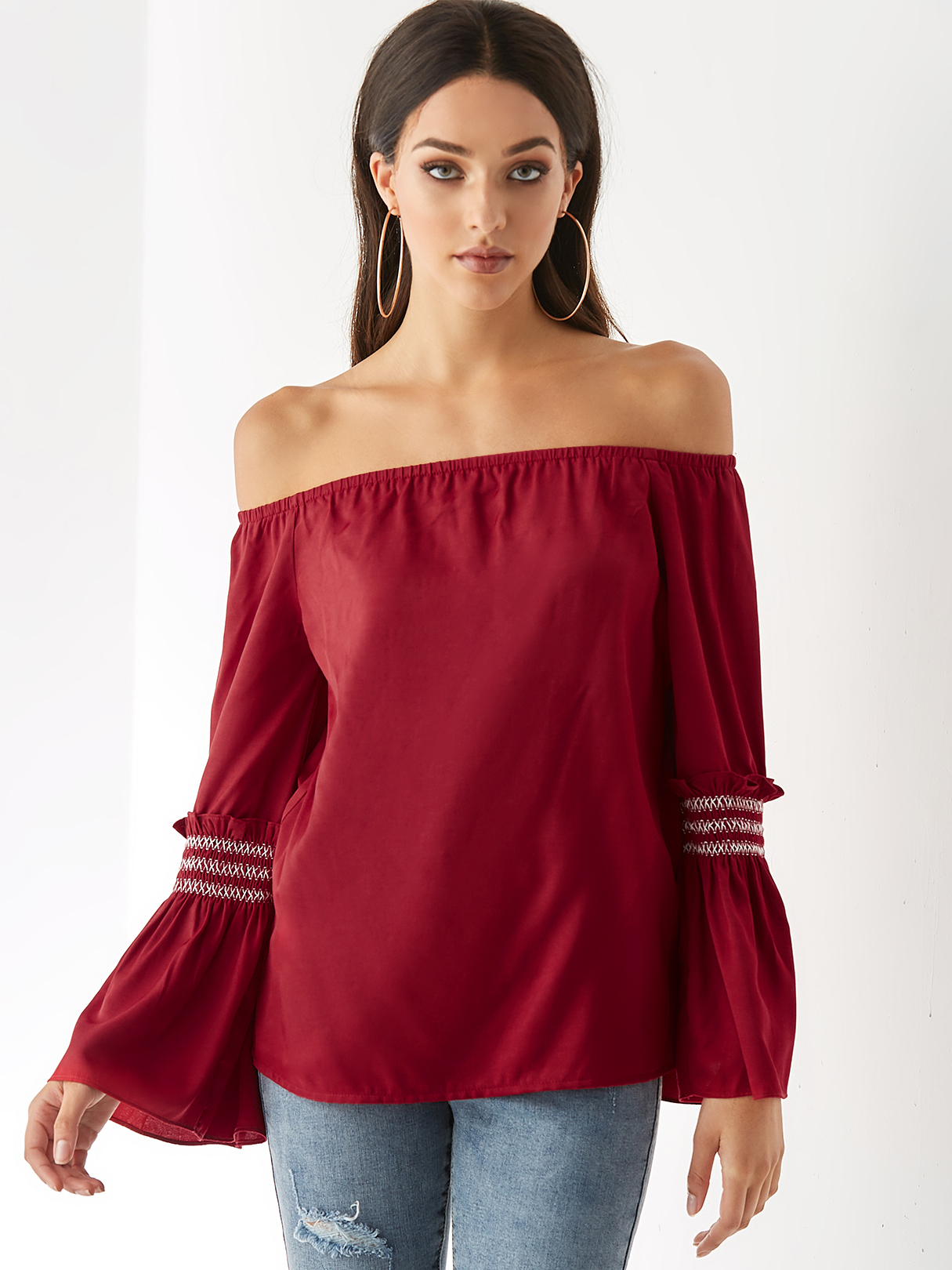 YOINS Burgundy Off Shoulder Smocked Bell Sleeves Blouse