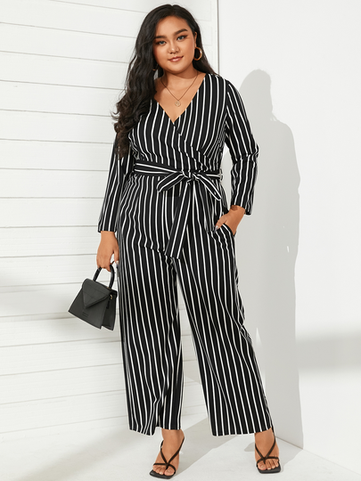 YOINS Plus Size V-neck Striped Belt Design Wide Leg Long Sleeves Jumpsuit