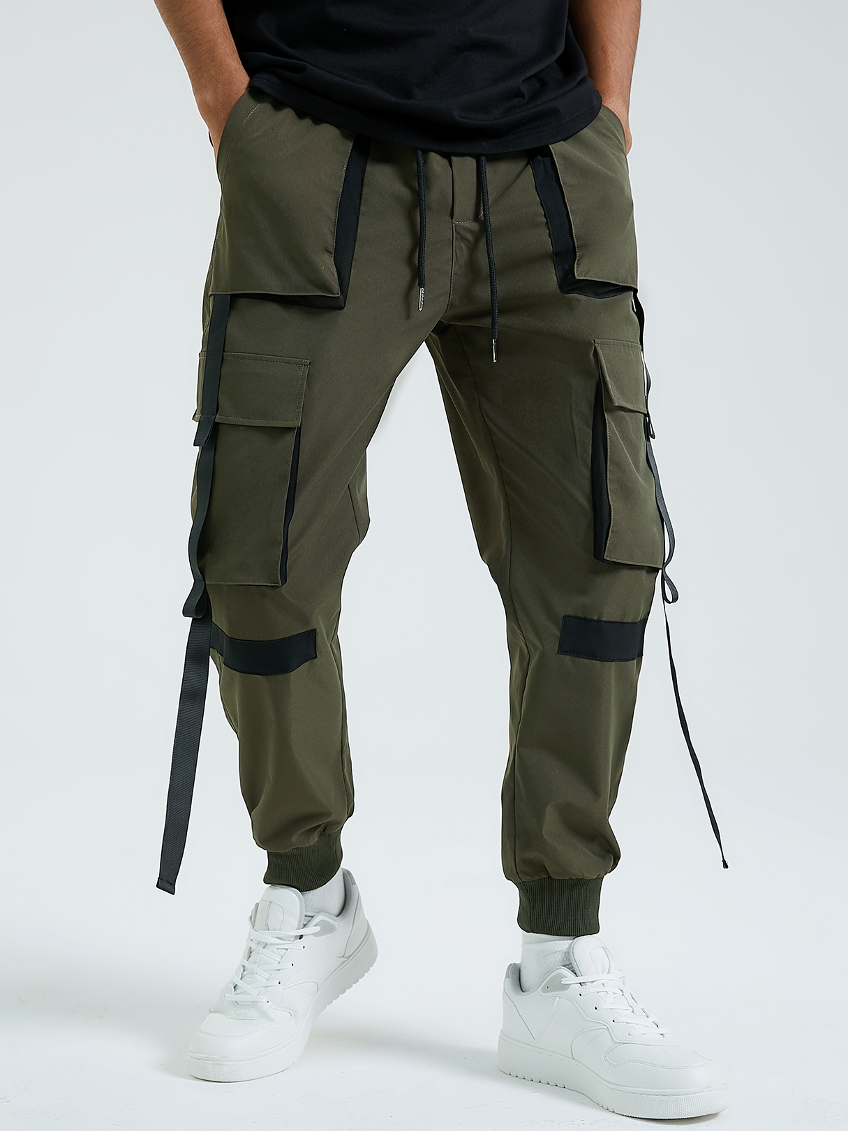 KOYYE Men Hip Hop Street Style Color Blocking Ribbon Cargo Pants