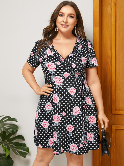 YOINS Plus Size Black Floral Print V-neck Short Sleeves Dress