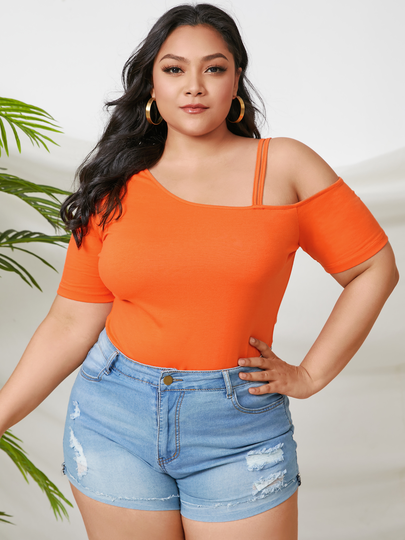 YOINS BASICS Plus Size Cold Shoulder Spaghetti Strap Short Sleeves Tee
