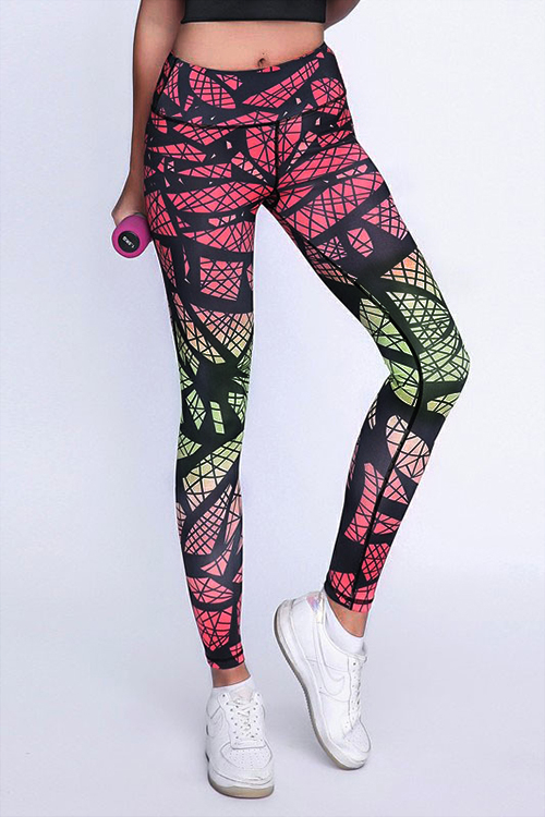 Red Random Geometrical Printed Bodycon Sports Leggings