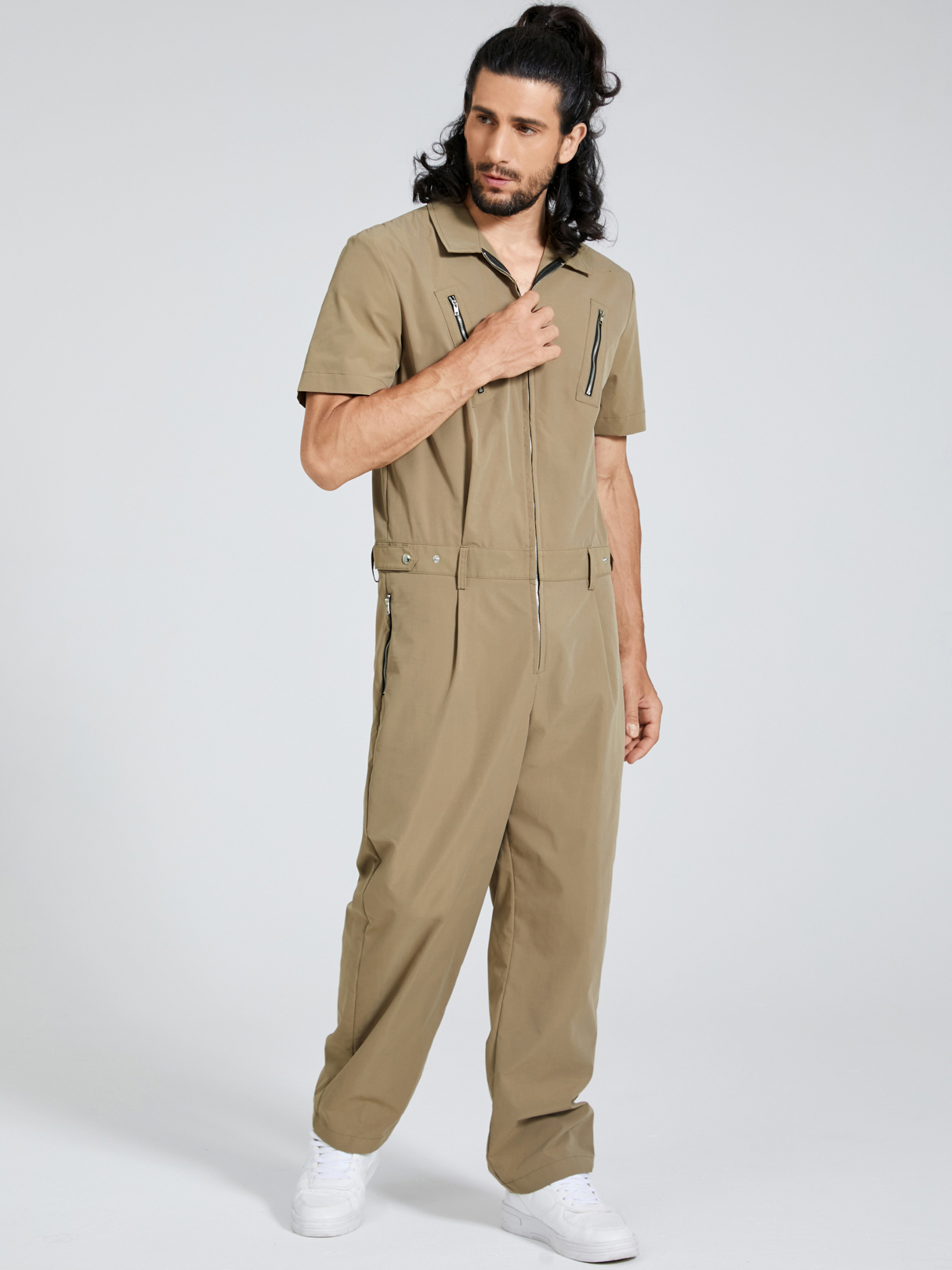Men Fashion Casual Zip Front Short Sleeve Overalls Jumpsuit
