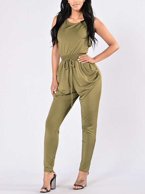 Army Green Crossed Backless Drawstring Waist Fashion Jumpsuit