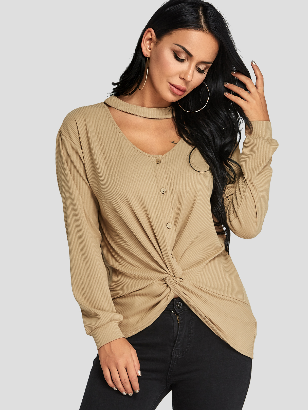 Khaki V-neck Button Twist Top