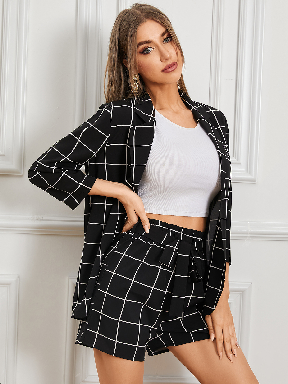 YOINS Plaid Tie-up Design Notch Collar Top & Shorts Set