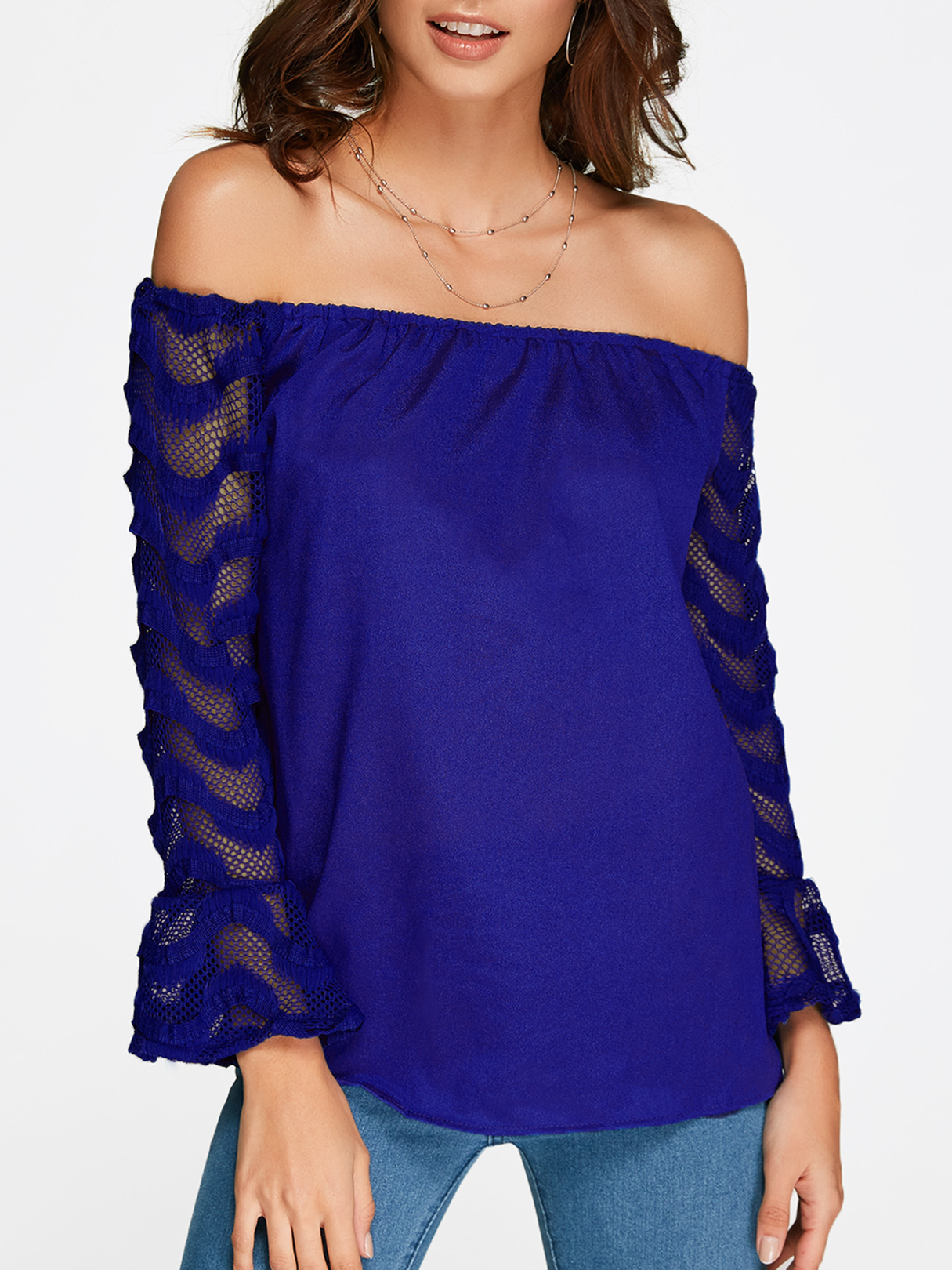 Blue Off The Shoulder Long Sleeves Patchwork Design Top