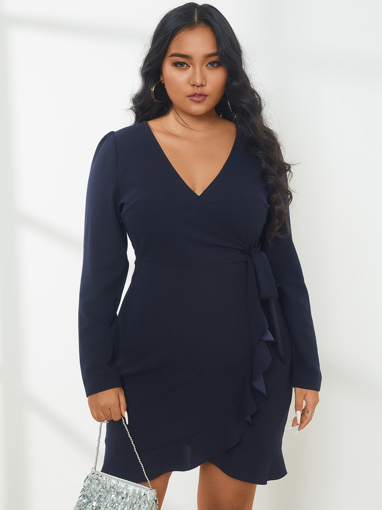 YOINS Plus Size V-neck Ruffle Trim Wrap Design Long Sleeves Mini Dress