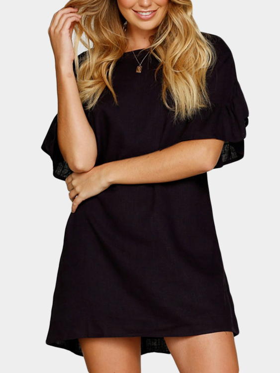 Black Zip Back Design Round Neck Bell Sleeves Dress