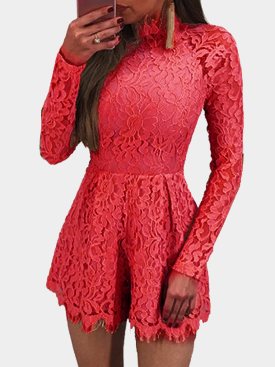 Red Lace Open Back Eyelash Trim Sexy Playsuits