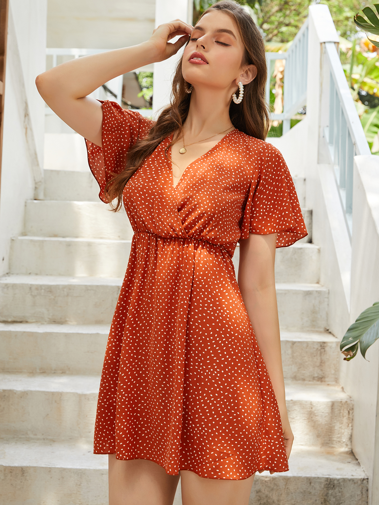 YOINS Orange V-neck Spotted Wrap Design Short Sleeves Mini Dress
