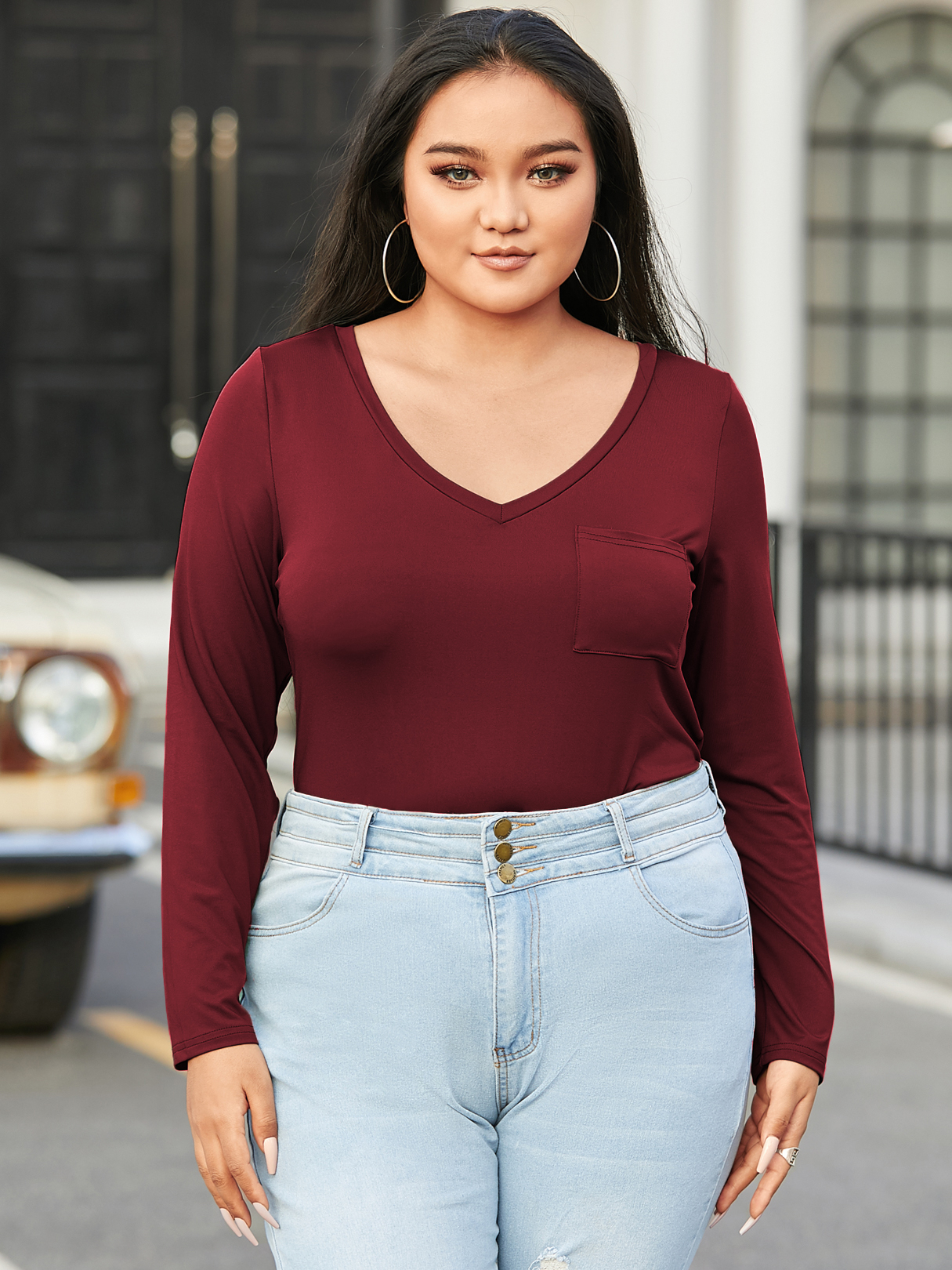 YOINS BASICS Plus Size V-neck Plain Comfortable Long sleeves Tee