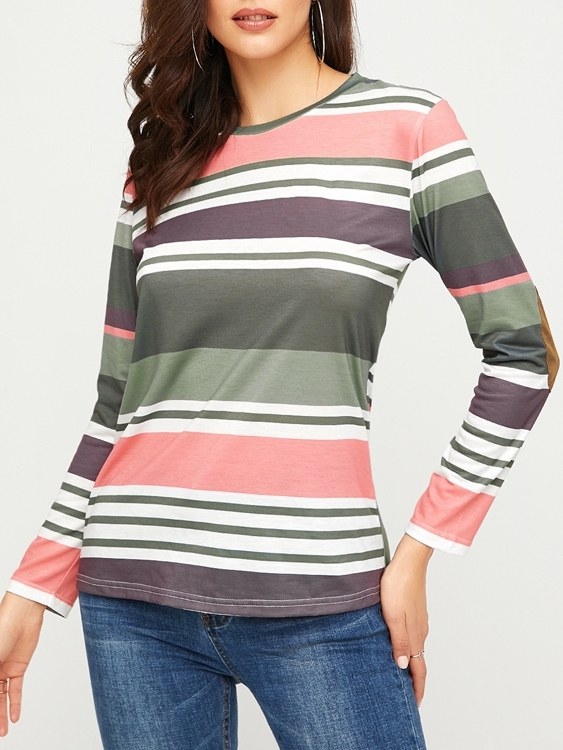 YOINS Color Block Stripe Round Neck Long Sleeves Tee