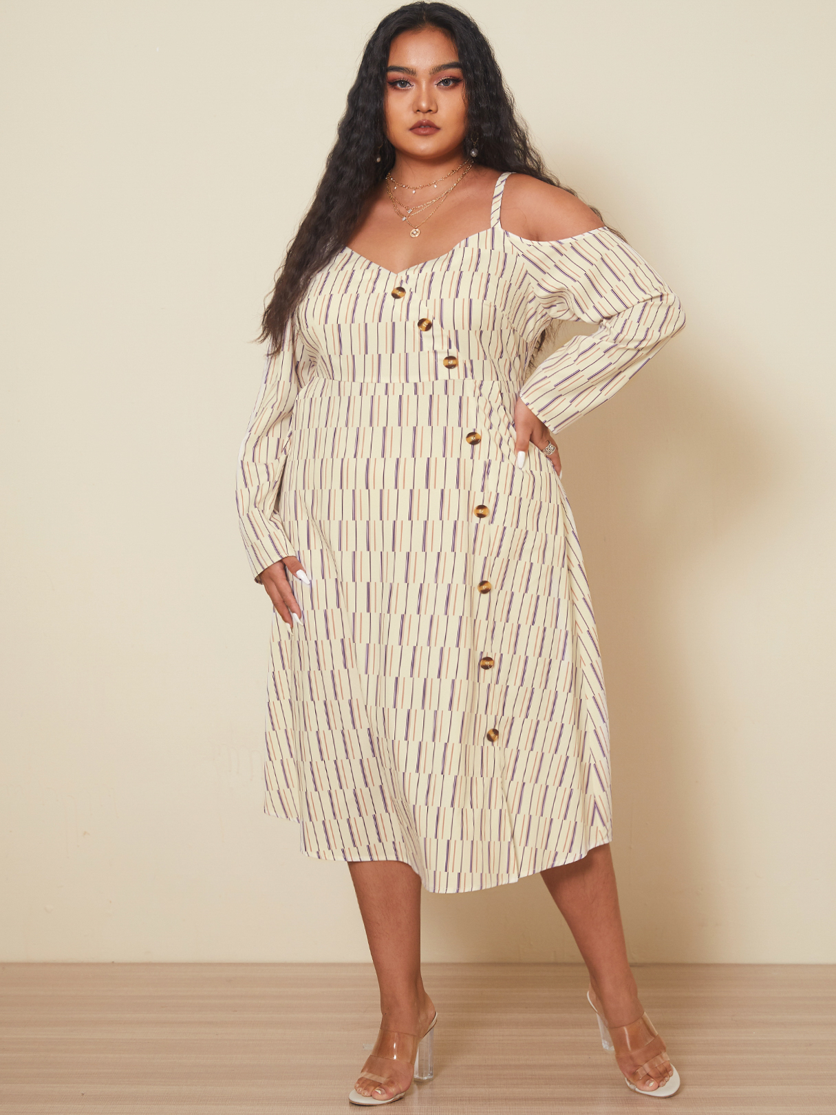 YOINS Plus Size Cold Shoulder Striped Button Design Long Sleeves Dress