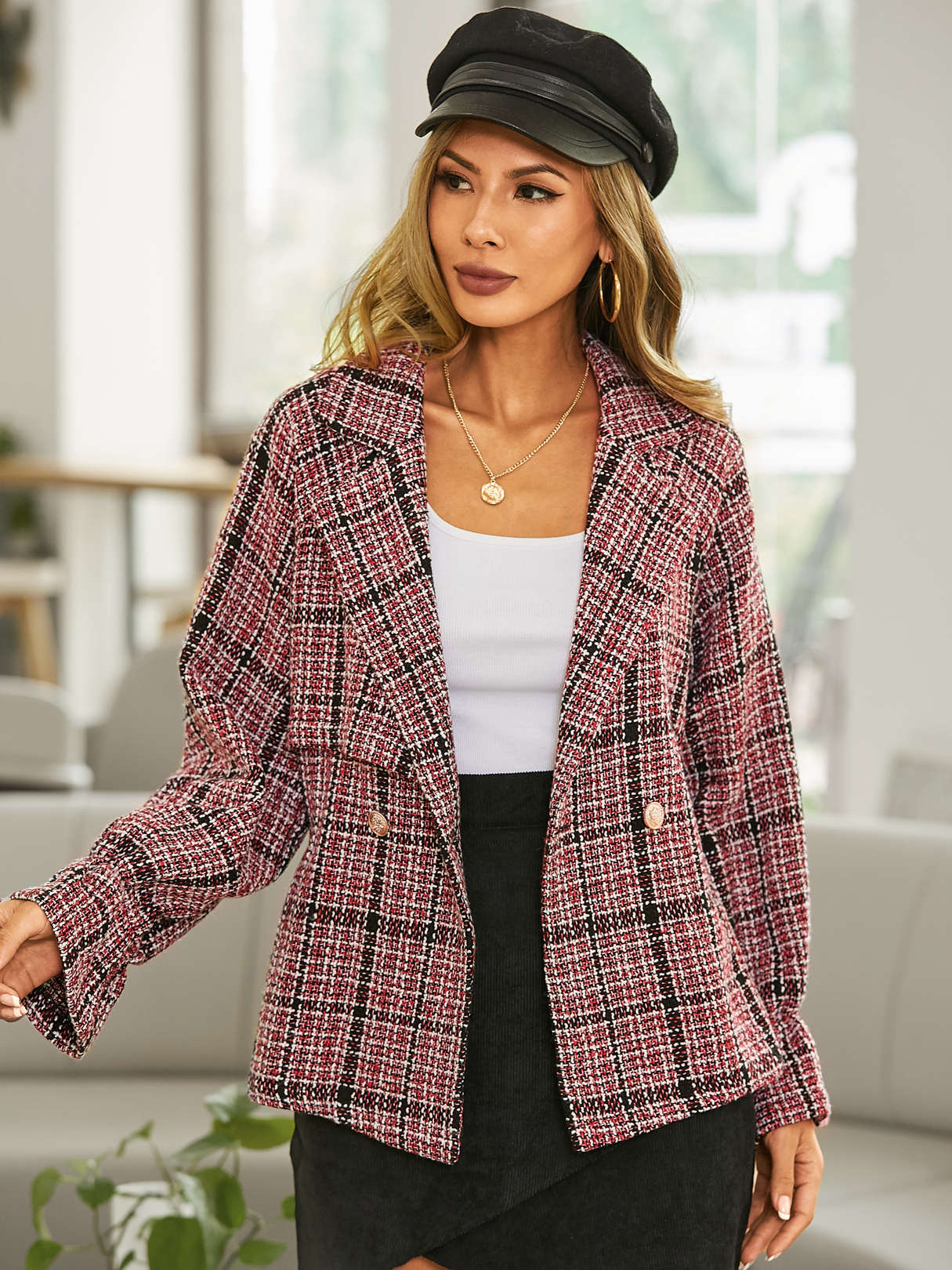 YOINS Red Plaid Button Design Lapel Collar Long Sleeves Coat
