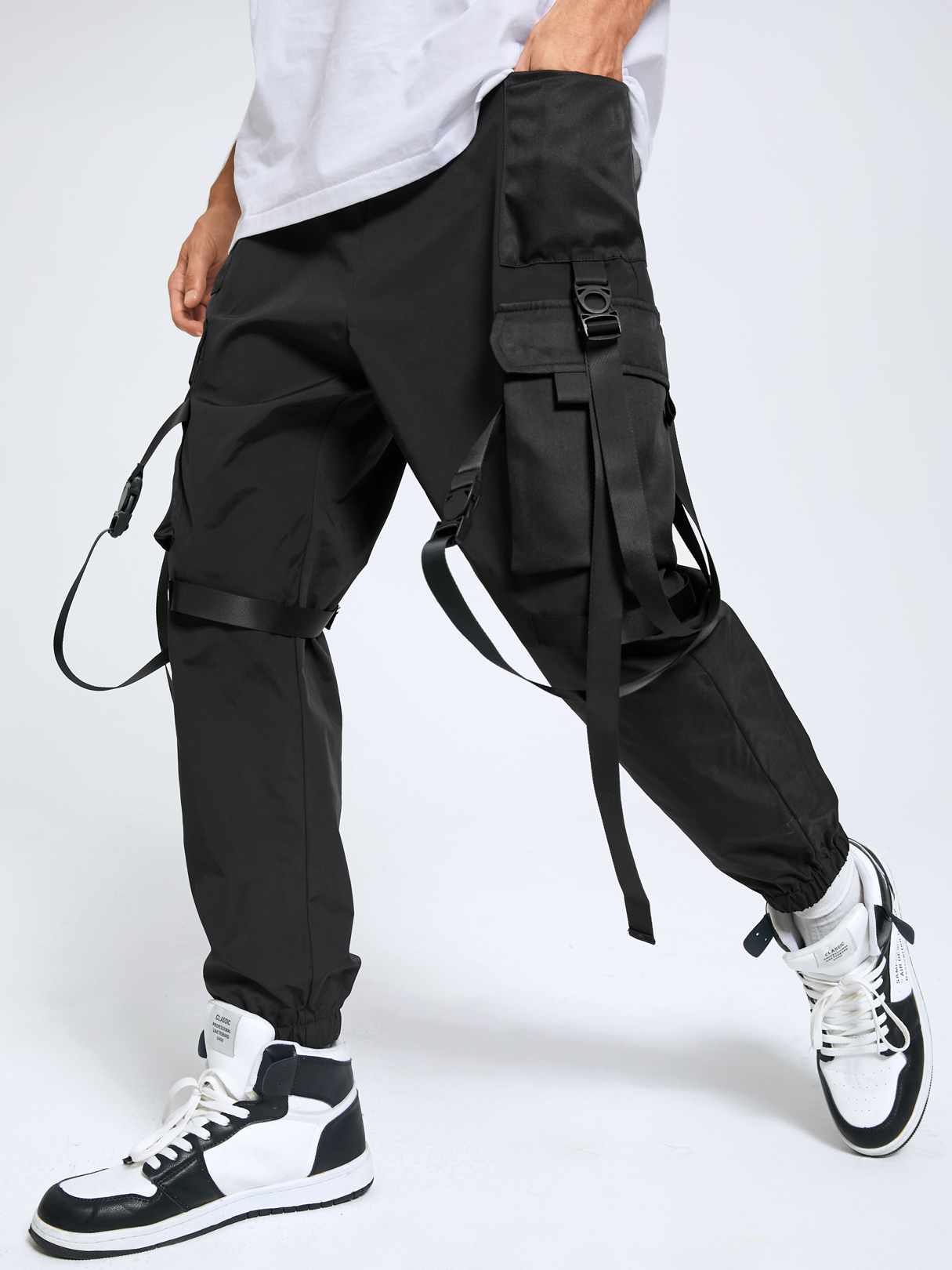 Men Plain Ribbon Straps Buckle Elastic Waist Cargo Pants