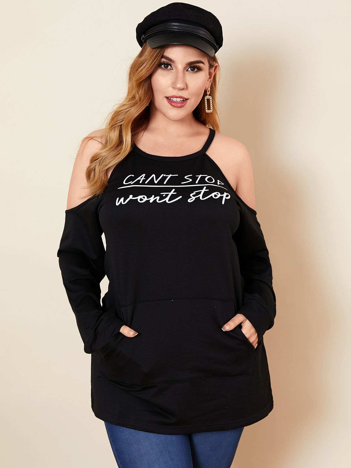 YOINS Plus Size Cold Shoulder Letter Long Sleeves Sweatshirt