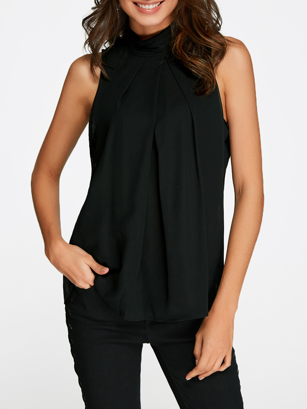 Black High Neck Open Back Pleated Chiffon Tank Top