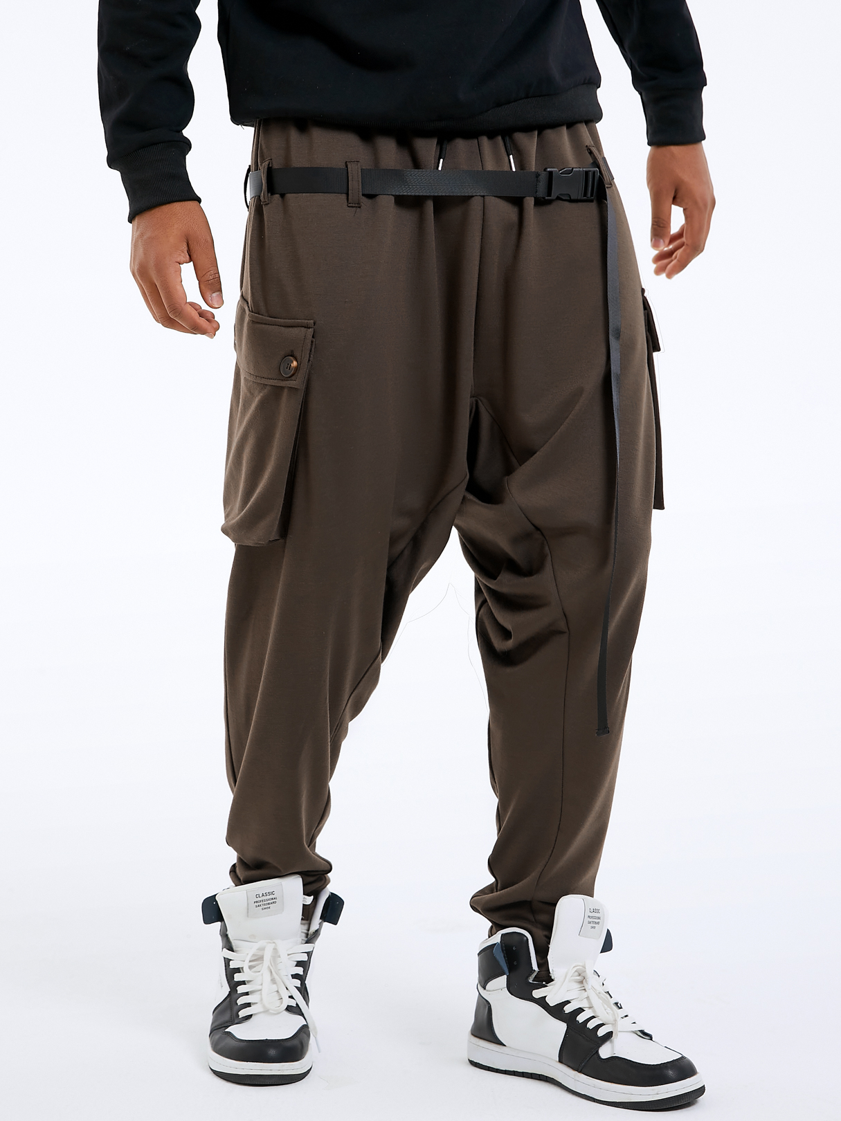 Men Plain Ribbon Design Harem Casual Pants