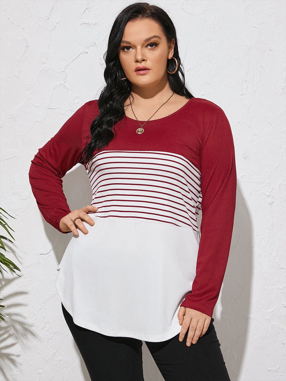 YOINS Plus Size Round Neck Striped Patchwork Long Sleeves Tee