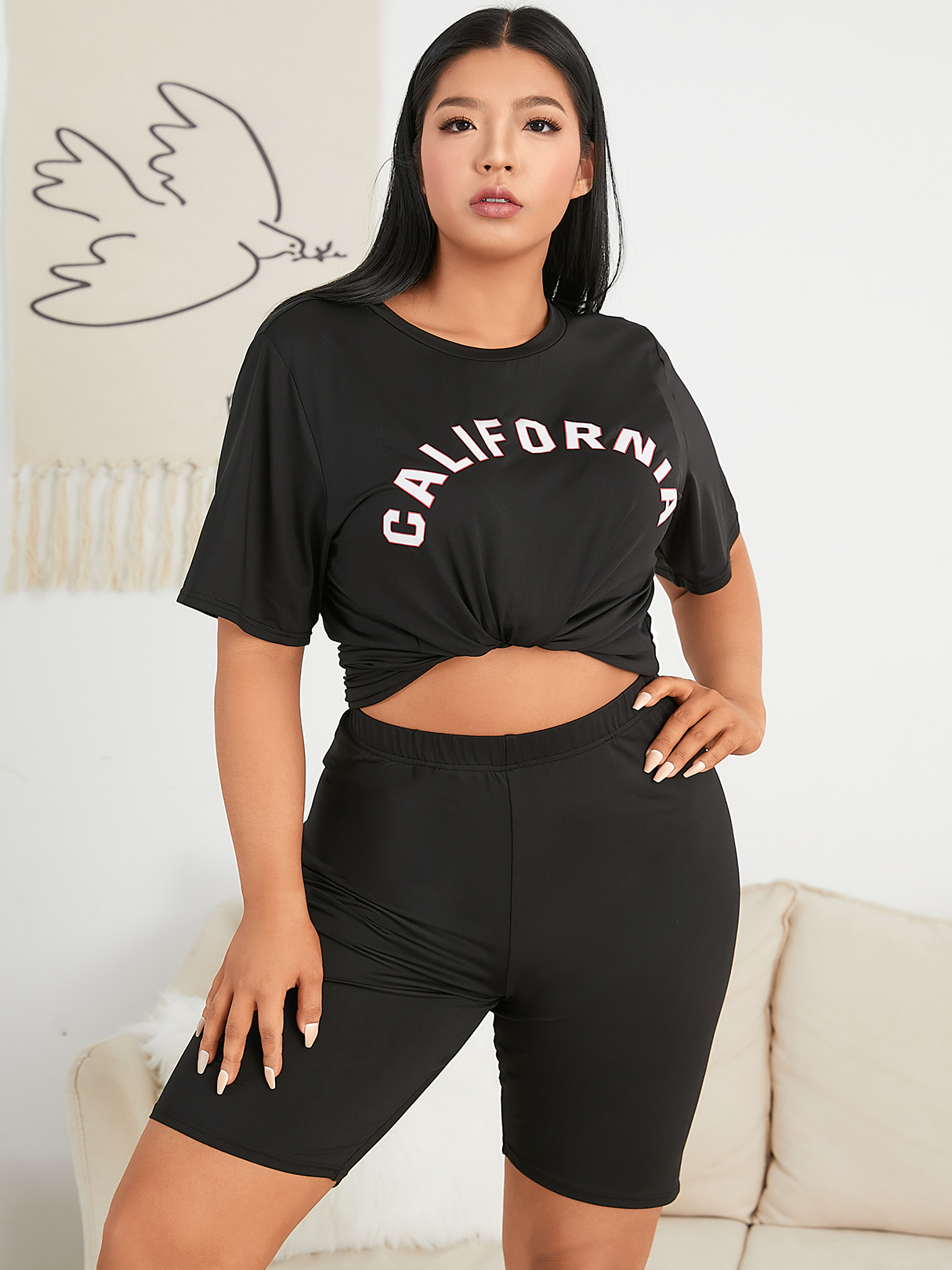 YOINS BASICS Plus Size Letter Short Sleeves Two Piece Outfit
