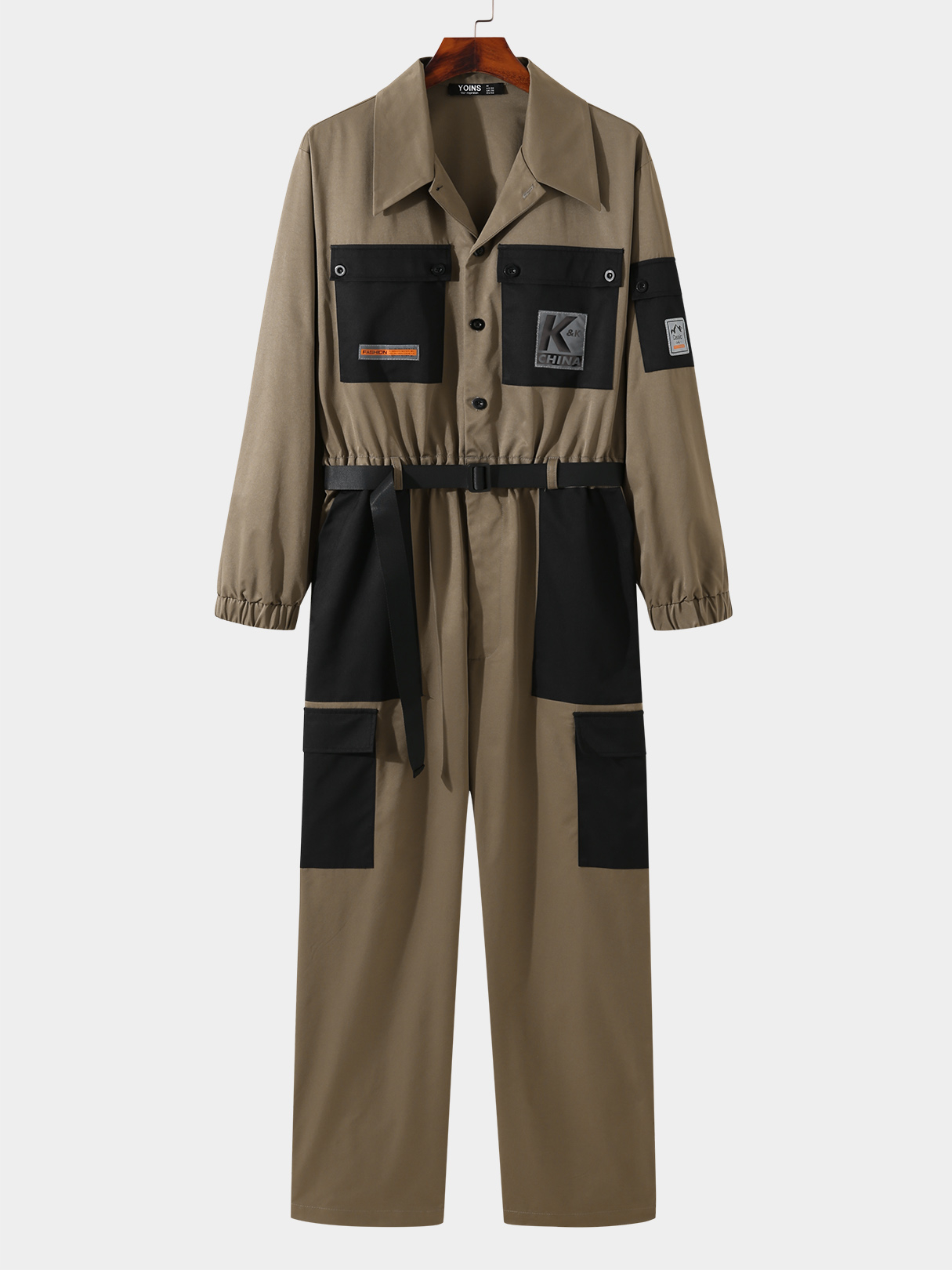 Men Fashion Color Block Belt Design Overalls Jumpsuit