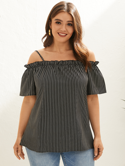 Black Cold Shoulder Striped Lettuce-Edge Short Sleeves Blouse