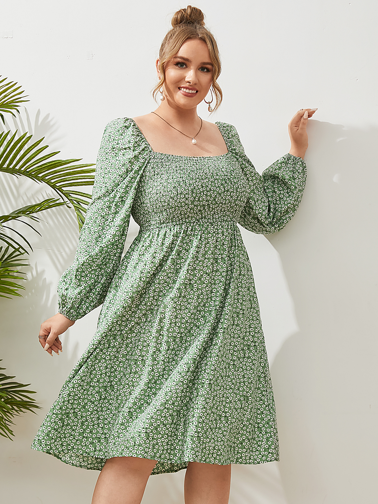 YOINS Plus Size Square Neck Calico Shirring Long Sleeves Dress