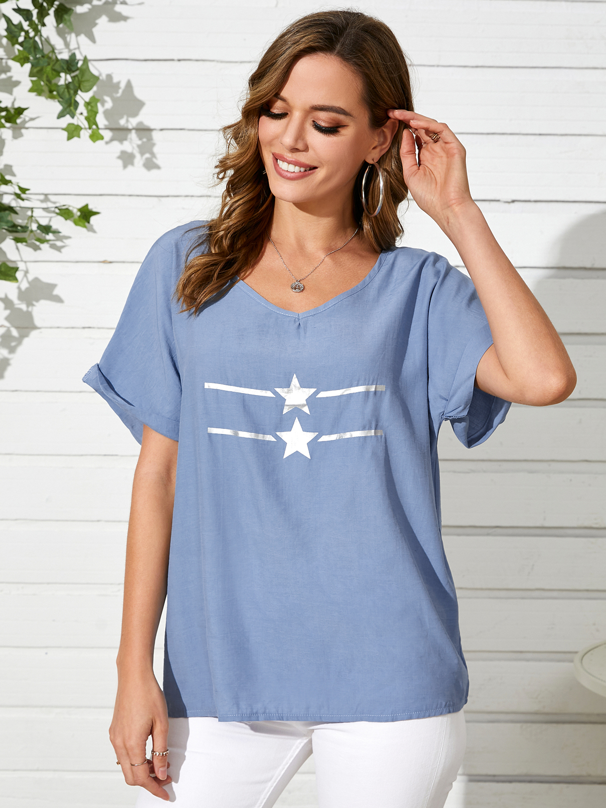 Blue Star Print Round Neck Short Sleeve Tee