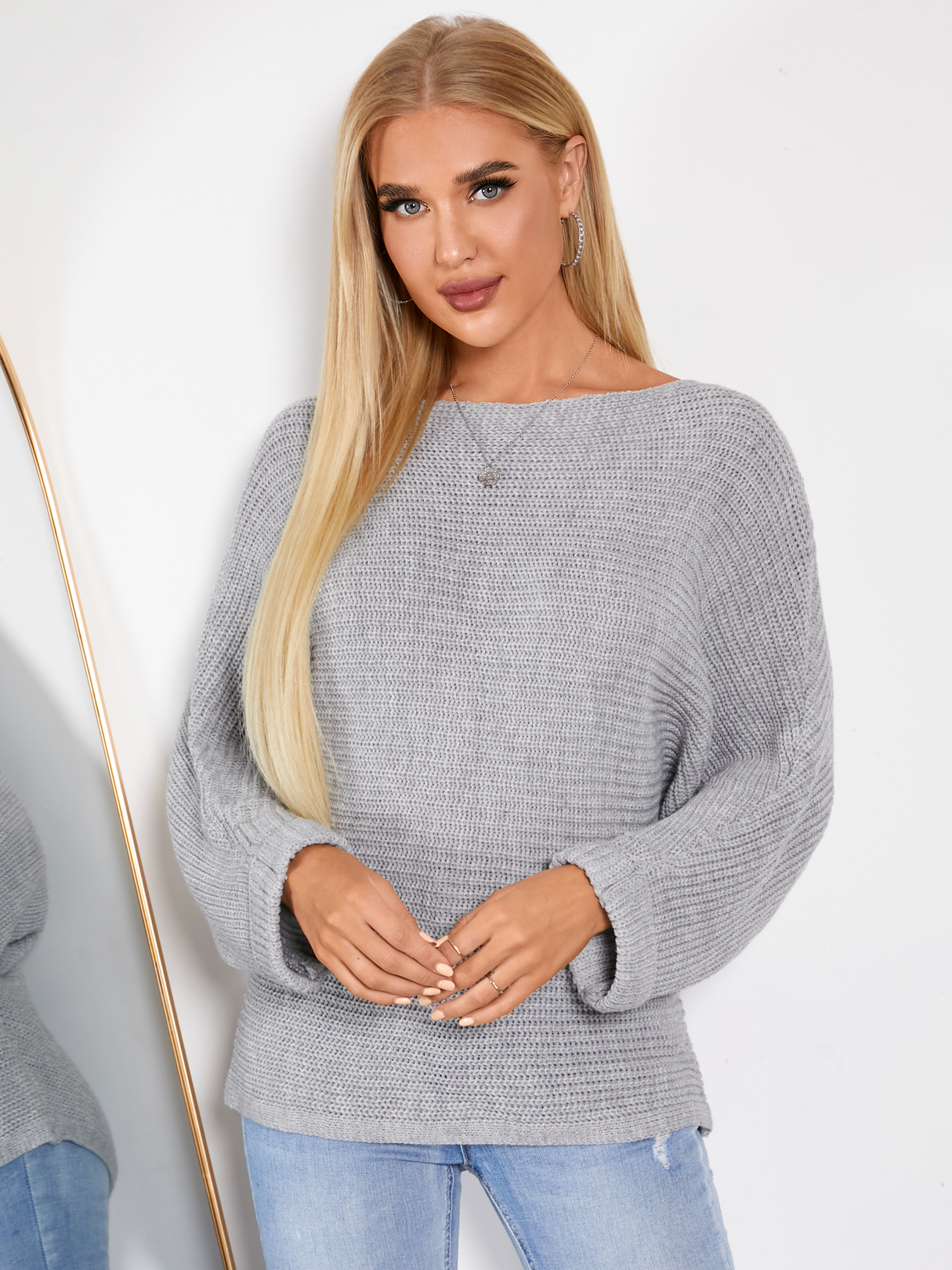Casual Grey Round Neck Dolman Sleeves Sweater