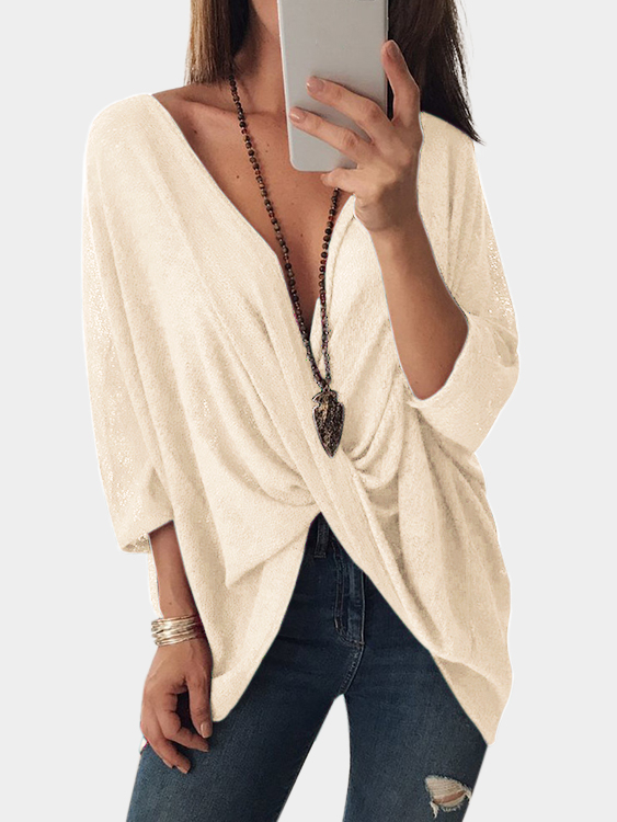 Apricot Crossed Front Design V-neck Bat Sleeves Blouses