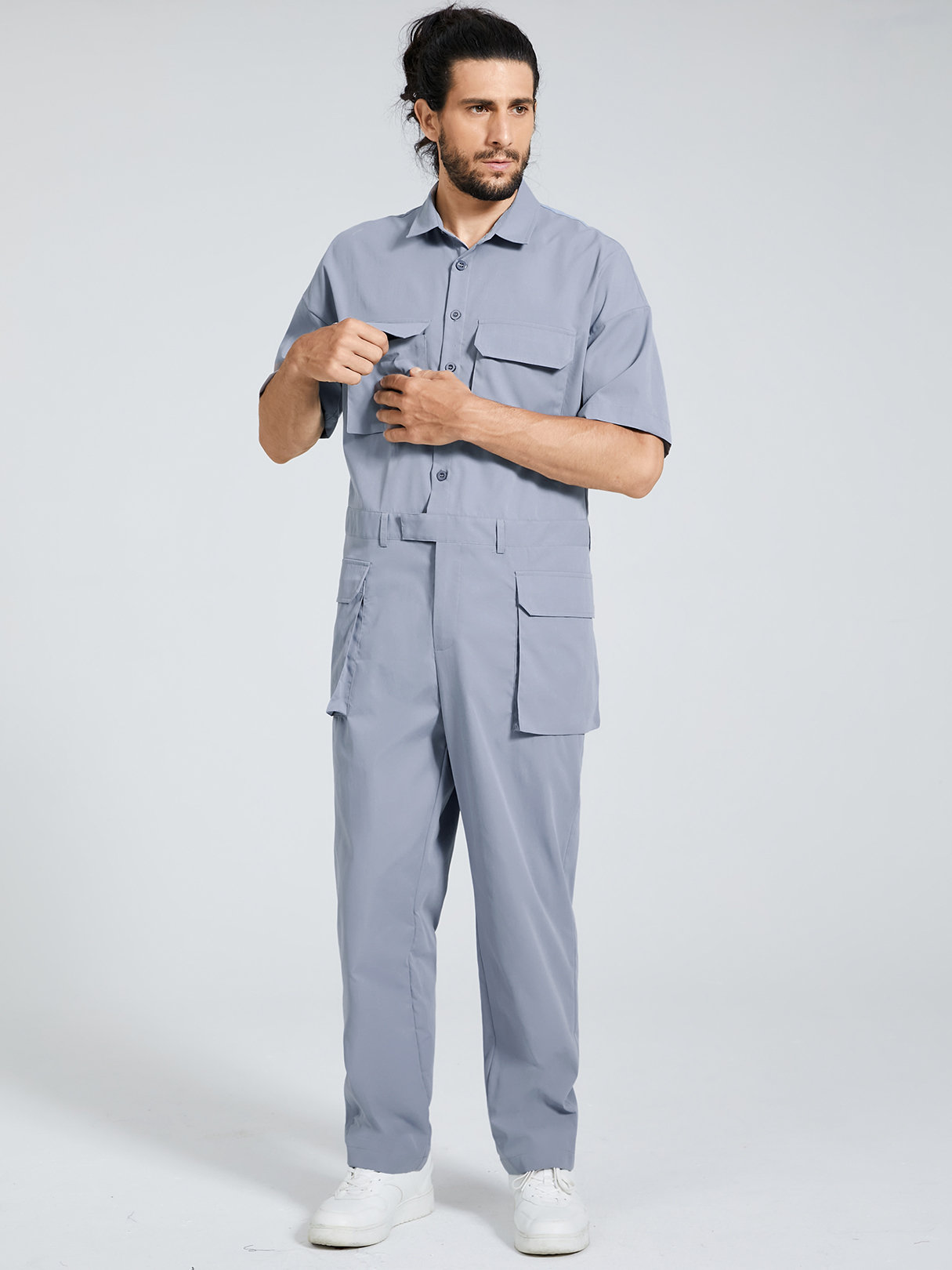 Men Fashion Button Design Multi-Pocket Short Sleeve Overalls Jumpsuit