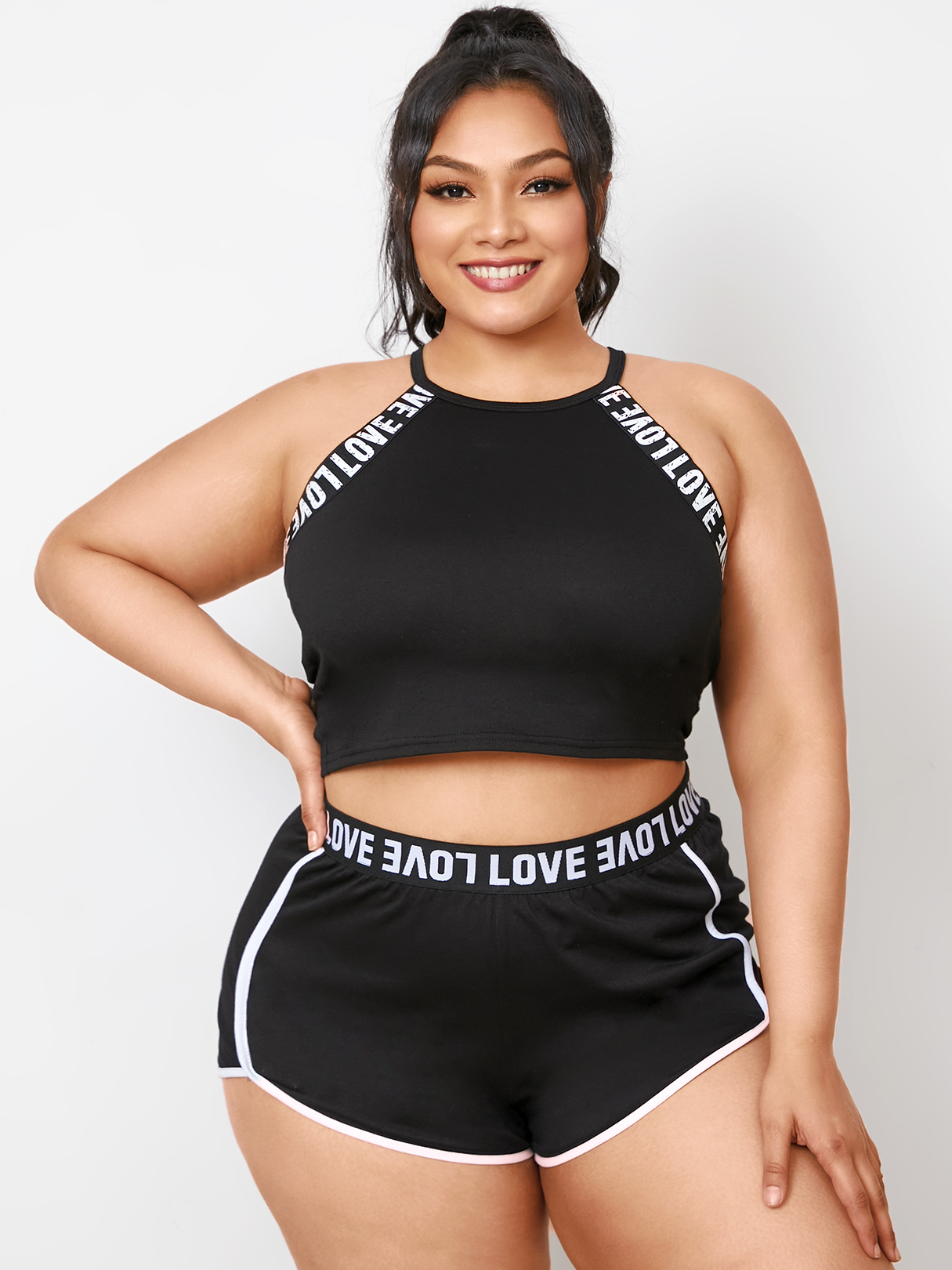 YOINS Plus Size Halter Spaghetti Letter Sporty Two Piece Outfit