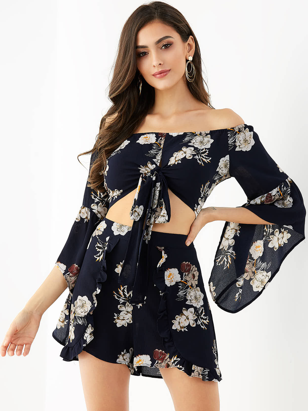 Navy Random Floral Print Off Shoulder Two Piece Outfits