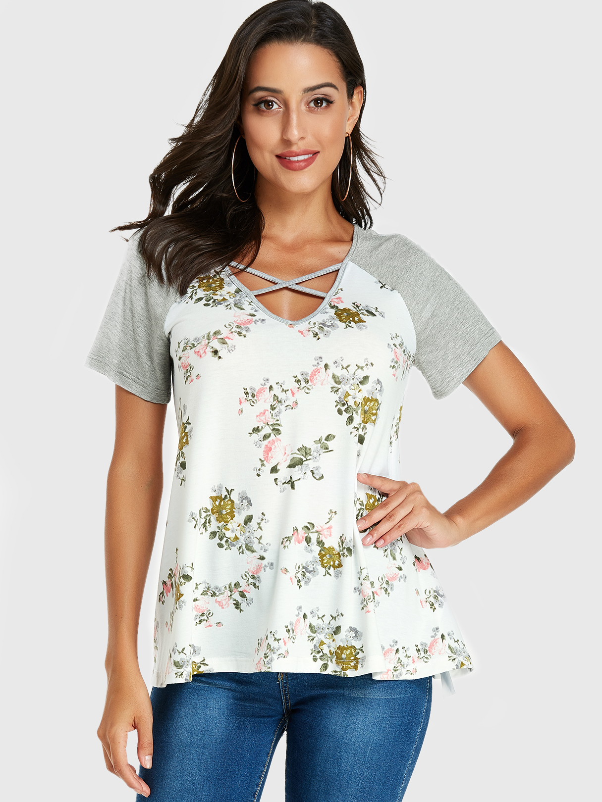 YOINS White Random Floral Print Round Neck Criss-cross Tee