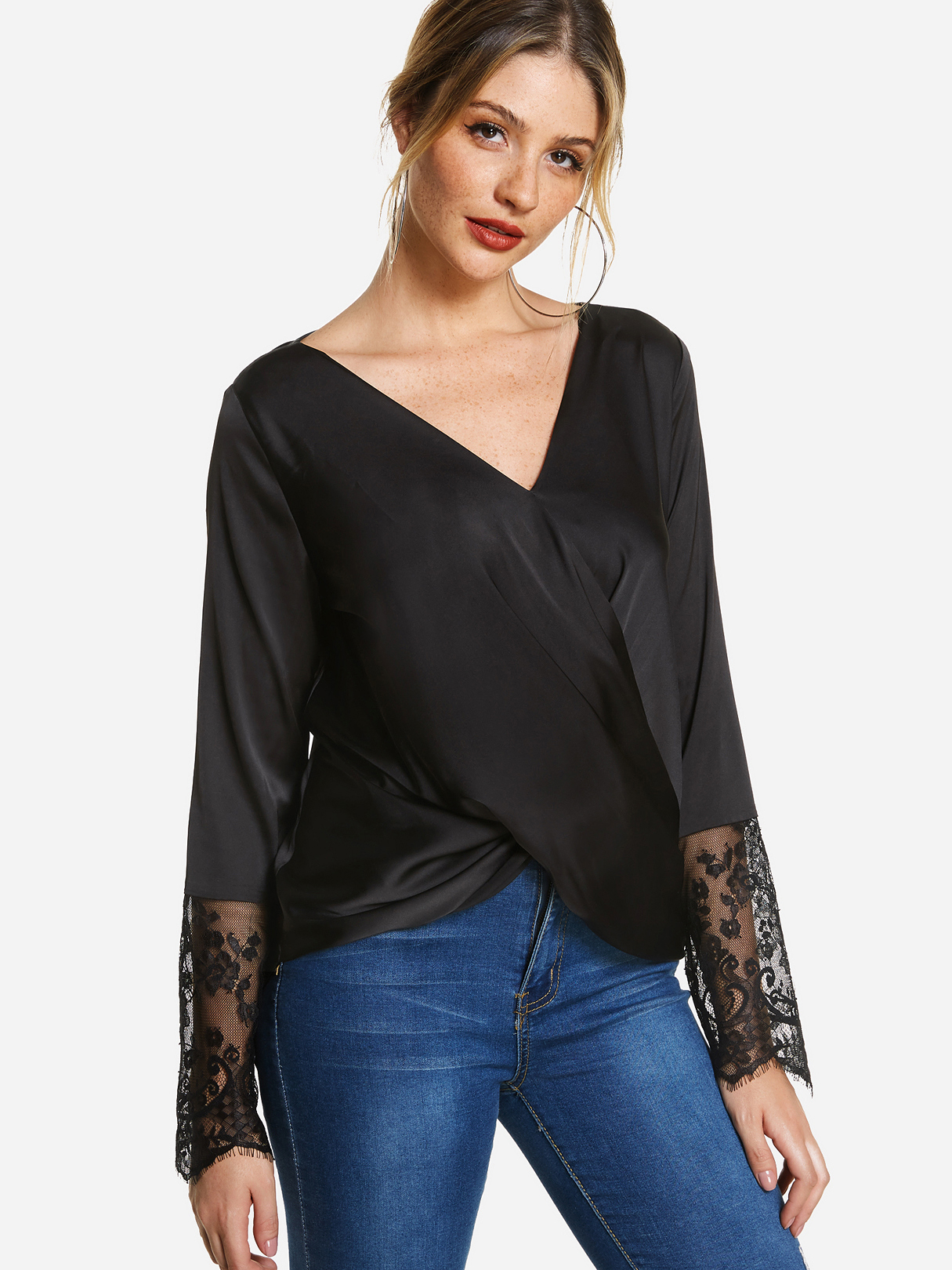 Black V-neck Wrap Cross Front Long Sleeved with Lace Cuffs Top