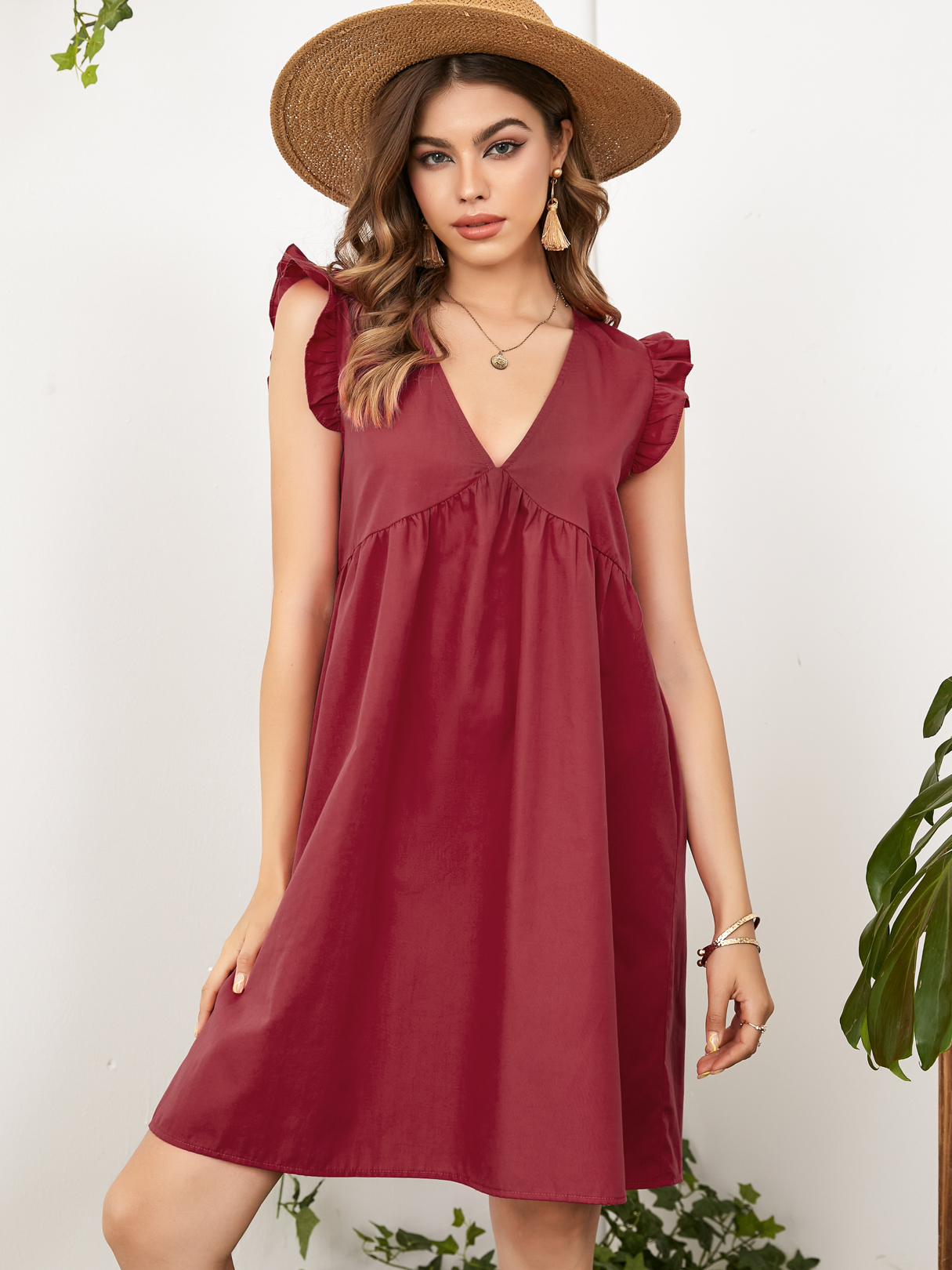YOINS Red Ruffle Sleeves V-neck Mini Dress