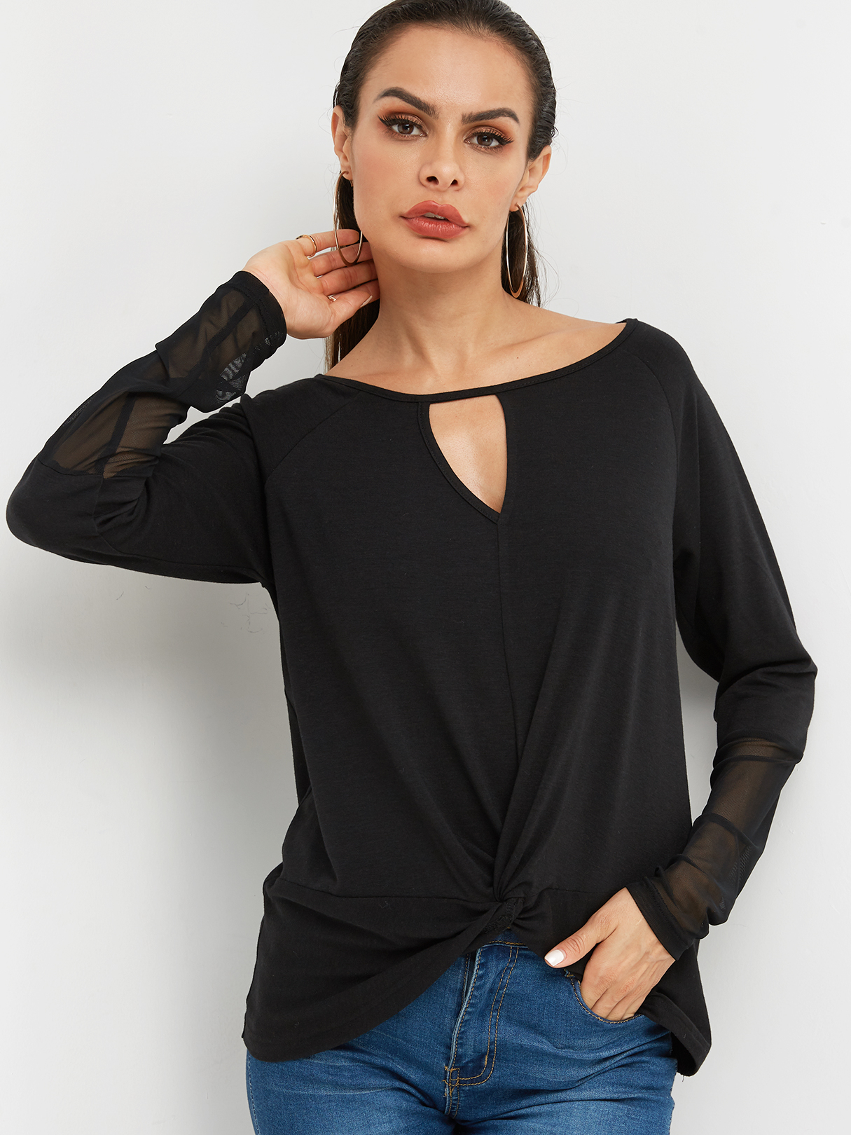 Black Crossed Front Knot Design See Through Design Long Sleeves T-shirts