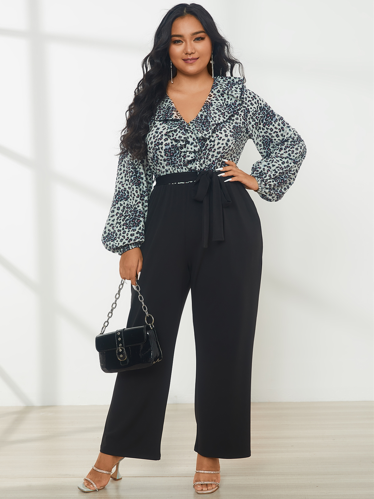 YOINS Plus Size Halloween V-neck Animal Belt Design Ruffle Trim Long sleeves Jumpsuit