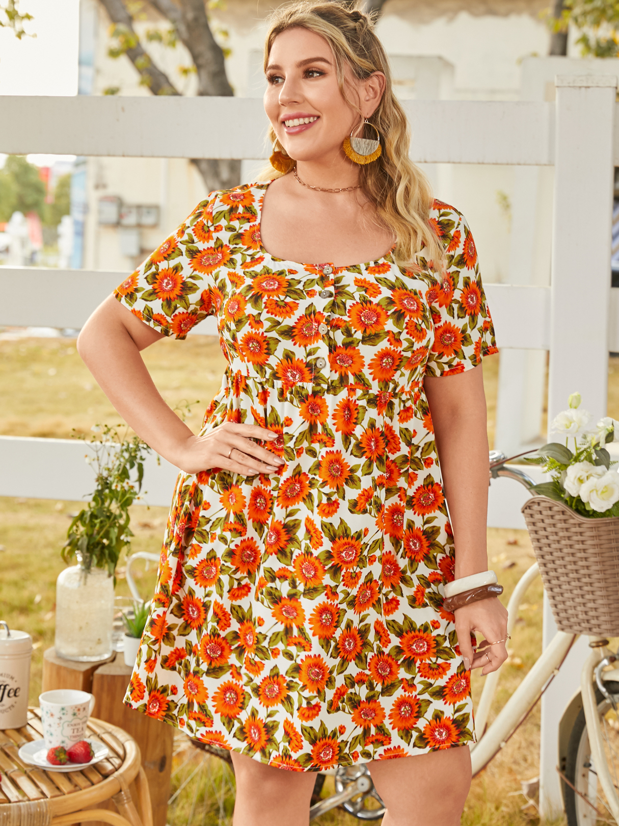YOINS Plus Size Floral Print Button Design Short Sleeves Mini Dress