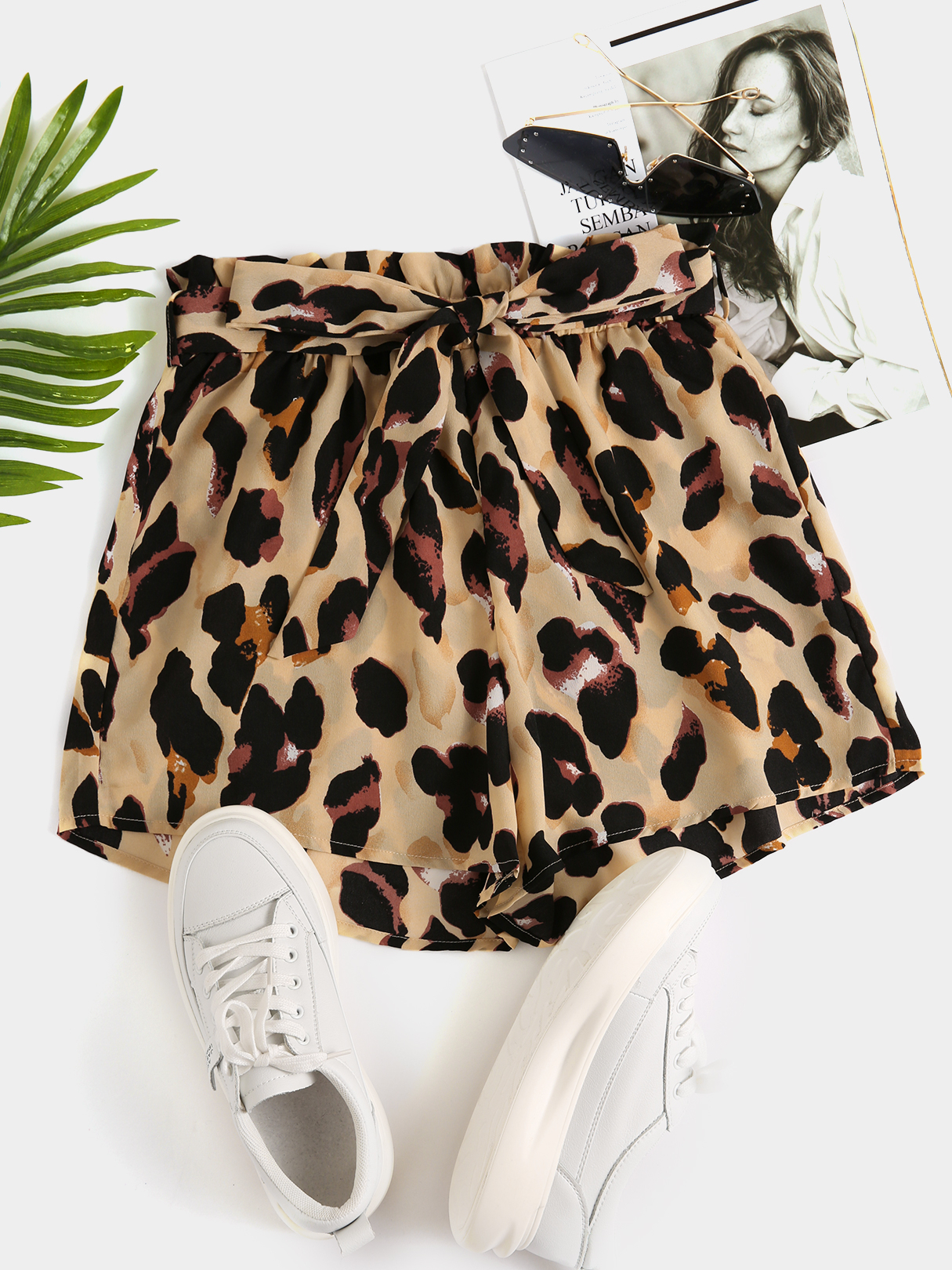 Yoins Leopard Belt design Chiffon Shorts