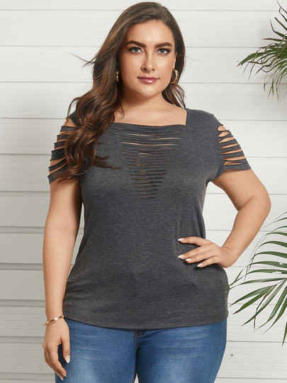 YOINS Plus Size Square Neck Cut Out Short Sleeves Tee