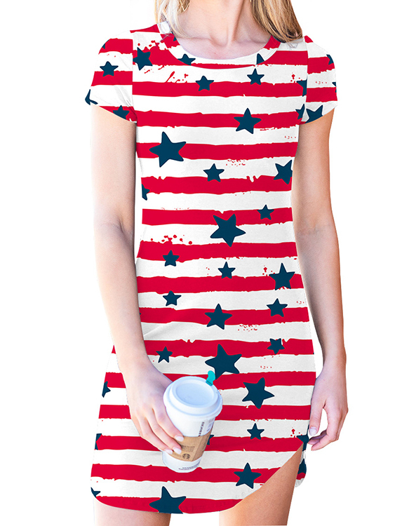 Round neck Striped Star Print Short sleeves Dress