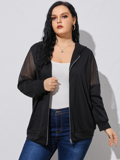 YOINS Plus Size Hooded Letter Patchwork Design Long Sleeves Jacket