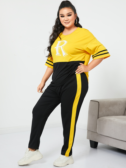 YOINS Plus Size Crew Neck Letter Half Sleeves Two Piece Outfit